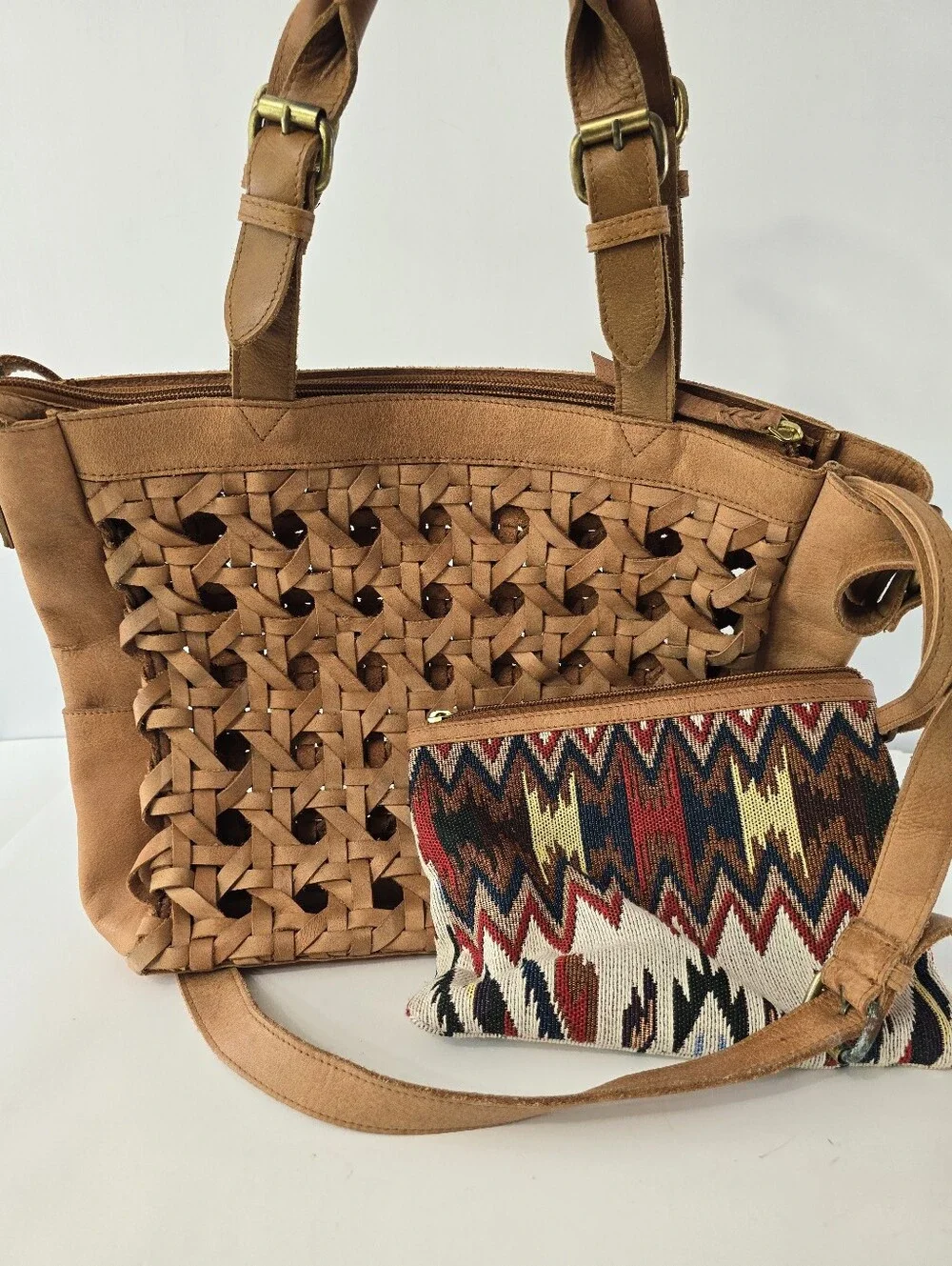 Anabaglish Hadley Woven Leather Satchel Crossbody With Pouch Bag Purse Set Tan